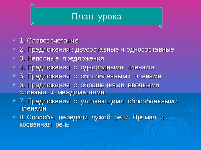 План урока 1. Словосочетание 2. Предложения : двусоставные и односоставные 3. Неполные предложения 4. Предложения с однородными членами 5. Предложения с обособленными членами 6. Предложения с обращениями, вводными словами и междометиями 7. Предложения с уточняющими обособленными членами 8. Способы передачи чужой речи. Прямая и косвенная речь