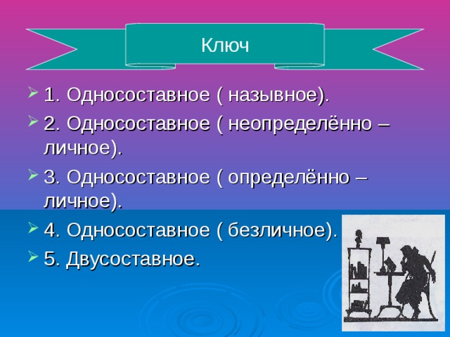 Ключ 1. Односоставное ( назывное). 2. Односоставное ( неопределённо – личное). 3. Односоставное ( определённо – личное). 4. Односоставное ( безличное). 5. Двусоставное.