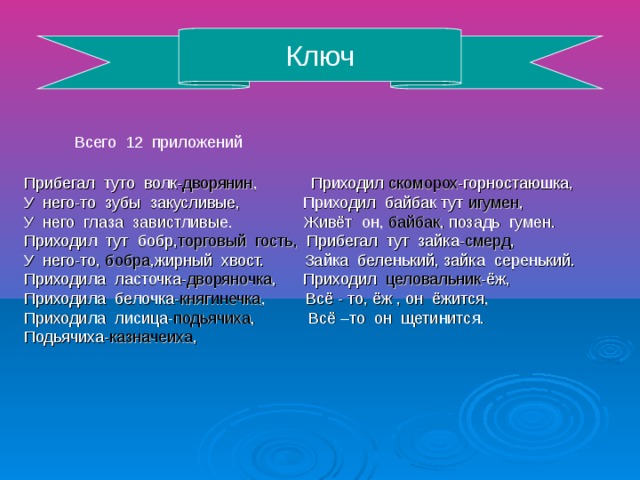 Ключ Всего 12 приложений Прибегал туто волк- дворянин , Приходил скоморох -горностаюшка, У него-то зубы закусливые, Приходил байбак тут игумен , У него глаза завистливые. Живёт он, байбак , позадь гумен. Приходил тут бобр, торговый гость, Прибегал тут зайка- смерд , У него-то, бобра ,жирный хвост. Зайка беленький, зайка серенький. Приходила ласточка- дворяночка , Приходил целовальник -ёж, Приходила белочка- княгинечка , Всё - то, ёж , он ёжится, Приходила лисица- подьячиха , Всё –то он щетинится. Подьячиха- казначеиха ,