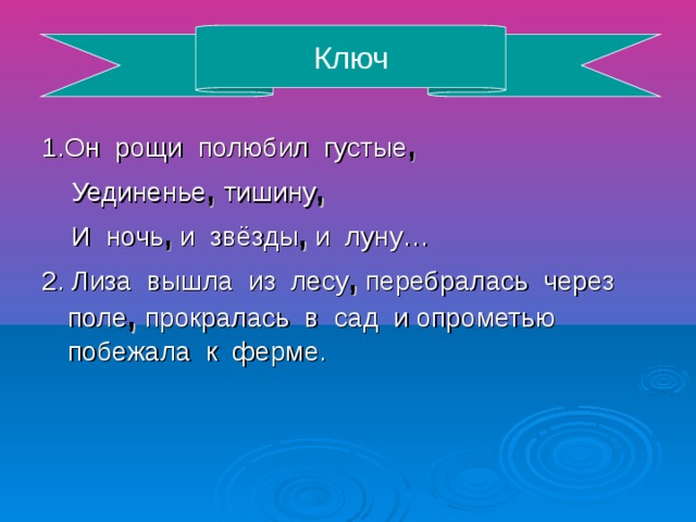 Ключ 1.Он рощи полюбил густые , Уединенье , тишину , И ночь , и звёзды , и луну… 2. Лиза вышла из лесу , перебралась через поле , прокралась в сад и опрометью побежала к ферме.