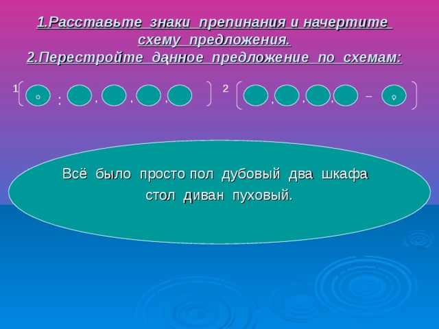 1.Расставьте знаки препинания и начертите схему предложения. 2.Перестройте данное предложение по схемам: : : 1 2 _ . , , , , , , Всё было просто пол дубовый два шкафа стол диван пуховый. Всё было просто пол дубовый два шкафа стол диван пуховый…