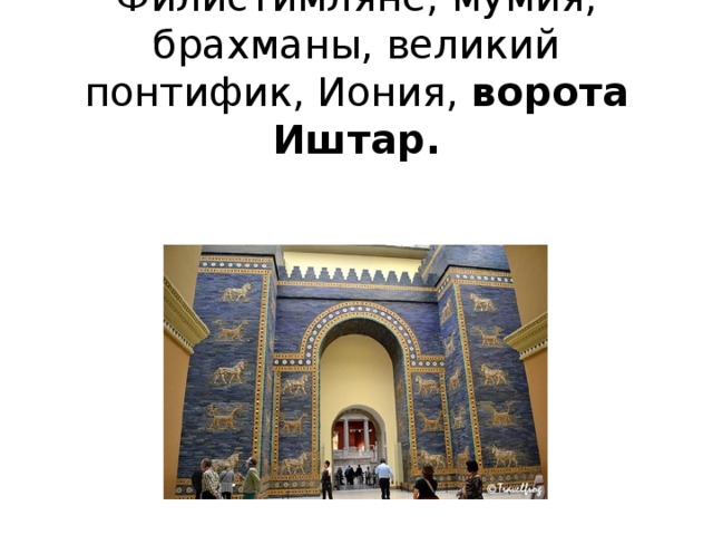 Филистимляне, мумия, брахманы, великий понтифик, Иония, ворота Иштар.