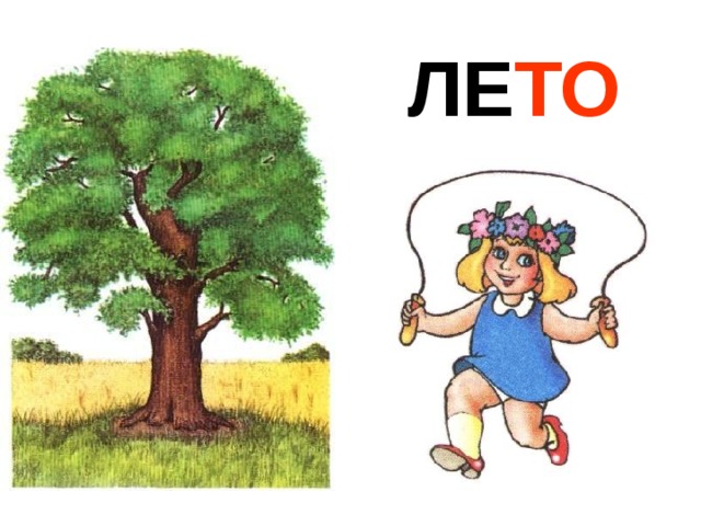 ЛЕ ТО ЛЕТО Летом тепло. А иногда жарко. Все ходят в легкой одежде (сарафанчиках, кофточке и шортах), с открытыми руками и ногами. В лесу поют птички. Деревья и кусты красуются в пышных зеленых нарядах. Земля тоже покрыта зеленой травой и цветами. Летом можно поесть вкусные ягоды. Они растут в лесу: земляника, черника, брусника и клюква. И в саду: клубиника, крыжовник, красная и черная смородина. В конце лета в лесу появляются грибы, а в саду начинают созревать фрукты: яблоки, груши; и овощи: помидоры, огурцы, редиска. Летом можно купаться в речке или море. А из песка на берегу можно делать куличики и строить замки. Летом очень красиво.
