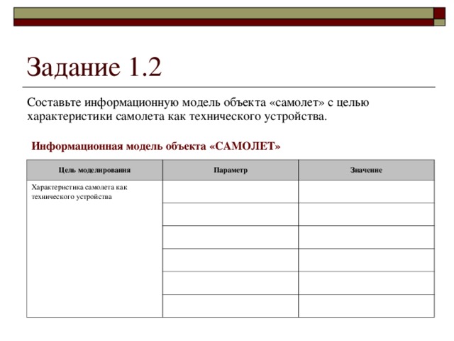 Составьте информационную модель объекта «самолет» с целью характеристики самолета как технического устройства. Информационная модель объекта « САМОЛЕТ » Цель моделирования Характеристика самолета как технического устройства Параметр Значение 
