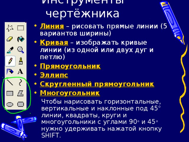 Линия – рисовать прямые линии (5 вариантов ширины) Кривая – изображать кривые линии (из одной или двух дуг и петлю) Прямоугольник Эллипс Скругленный прямоугольник Многоугольник Чтобы нарисовать горизонтальные, вертикальные и наклонные под 45 ° линии, квадраты, круги и многоугольники с углами 90 ° и 45 ° нужно удерживать нажатой кнопку SHIFT . Чтобы нарисовать горизонтальные, вертикальные и наклонные под 45 ° линии, квадраты, круги и многоугольники с углами 90 ° и 45 ° нужно удерживать нажатой кнопку SHIFT . 