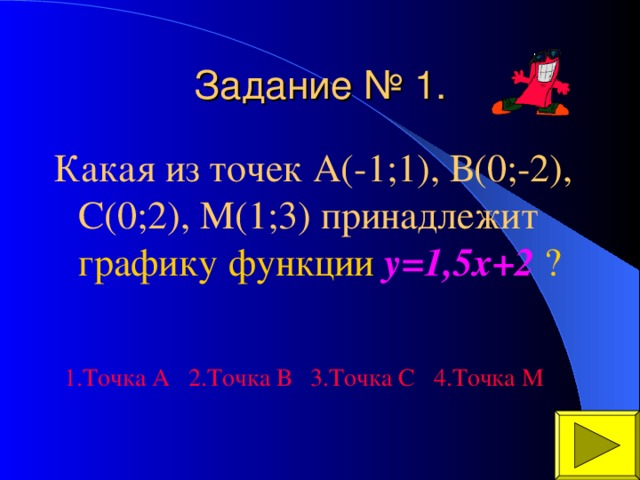 Какая из точек А(-1;1), В(0;-2), С(0;2), М(1;3) принадлежит  графику функции  у=1,5х+2  ?   1.Точка А 2.Точка В 3.Точка С 4.Точка М 