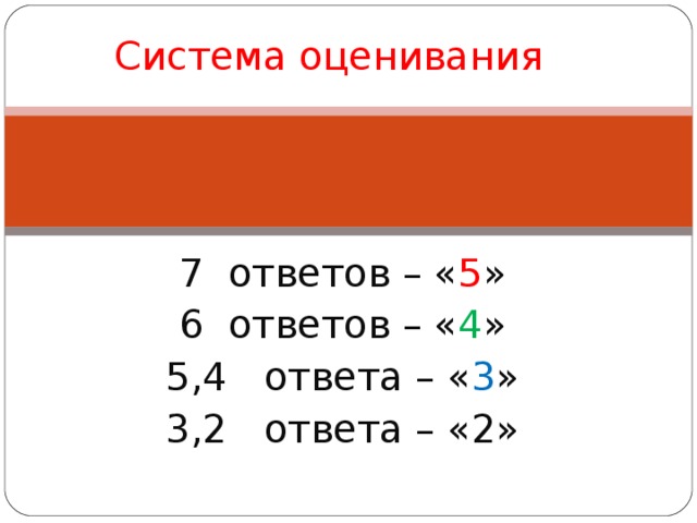 Система оценивания 5 7 ответов – « 5 » 6 ответов – « 4 » 5, 4 ответа – « 3 » 3,2 ответа – « 2 » 