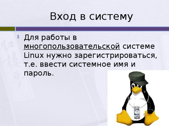 Вход в систему Для работы в многопользовательской системе Linux нужно зарегистрироваться, т.е. ввести системное имя и пароль. 