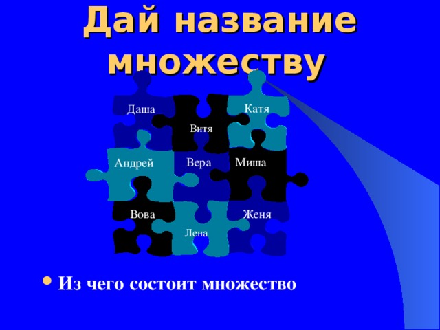 Дай название множеству  Катя Даша Витя Вера Миша Андрей Женя Вова Лена Из чего состоит множество 4 