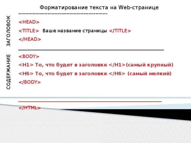 ЗАГОЛОВОК СОДЕРЖАНИЕ Форматирование текста на Web-странице ----------------------------------------------------   Ваше название страницы   _____________________________________________________________   То, что будет в заголовке (самый крупный)  То, что будет в заголовке  (самый мелкий)  ____________________________________________________________  