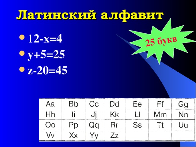 25 букв Латинский алфавит 1 2 -x=4 y+5=25 z-20=45 