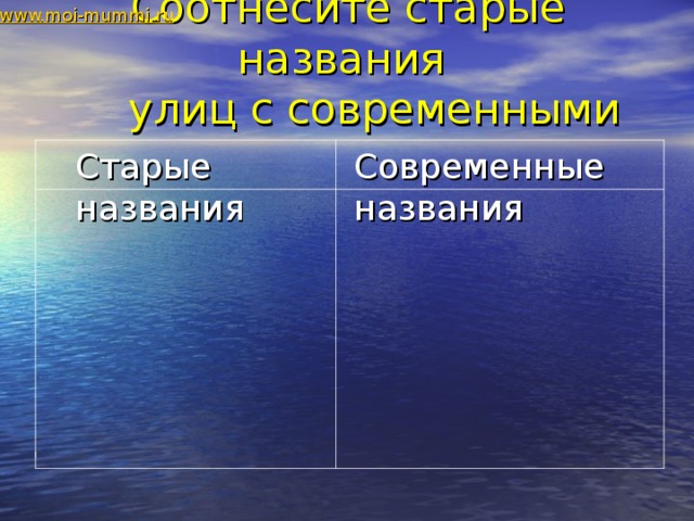 www.moi-mummi.ru Соотнесите старые названия  улиц с современными Старые названия Современные названия 