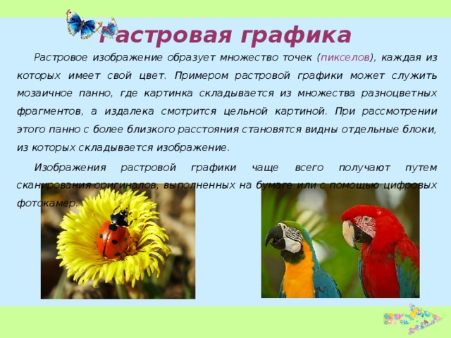 Растровая графика Растровое изображение образует множество точек ( пикселов ), каждая из которых имеет свой цвет. Примером растровой графики может служить мозаичное панно, где картинка складывается из множества разноцветных фрагментов, а издалека смотрится цельной картиной. При рассмотрении этого панно с более близкого расстояния становятся видны отдельные блоки, из которых складывается изображение. Изображения растровой графики чаще всего получают путем сканирования оригиналов, выполненных на бумаге или с помощью цифровых фотокамер. 