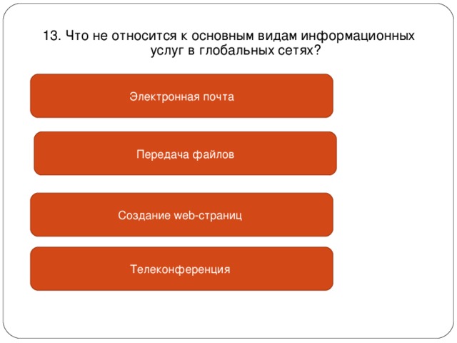 13. Что не относится к основным видам информационных услуг в глобальных сетях? Электронная почта Передача файлов Создание web- страниц Телеконференция 