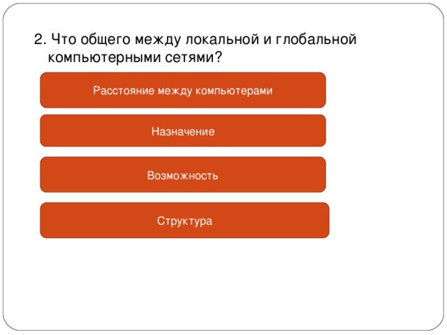 2. Что общего между локальной и глобальной компьютерными сетями? Расстояние между компьютерами Назначение Возможность Структура 