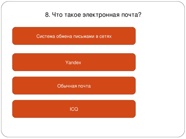 8. Что такое электронная почта? Система обмена письмами в сетях Yandex Обычная почта ICQ 