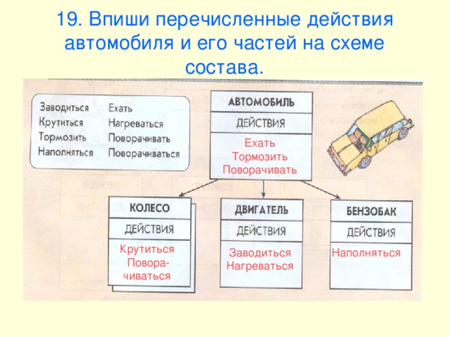 19. Впиши перечисленные действия автомобиля и его частей на схеме состава. Ехать Тормозить Поворачивать Крутиться Повора-чиваться  Заводиться Нагреваться Наполняться 