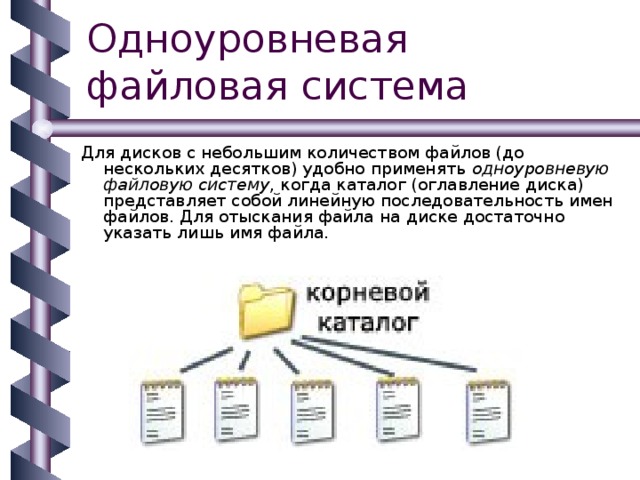 Для дисков с небольшим количеством файлов (до нескольких десятков) удобно применять одноуровневую файловую систему , когда каталог (оглавление диска) представляет собой линейную последовательность имен файлов. Для отыскания файла на диске достаточно указать лишь имя файла. 