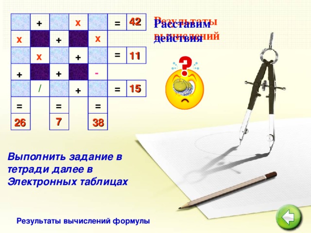 Результаты вычислений 42 + x = Расставим действия x + x = 11 x + - + + = / 15 + = = = 7 38 26 Выполнить задание в тетради далее в Электронных таблицах Результаты вычислений формулы 