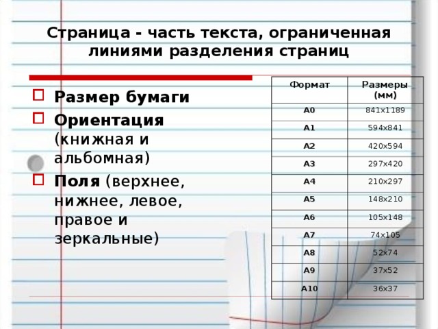 Страница - часть текста, ограниченная линиями разделения страниц Формат Размеры (мм) A0 841х1189 A1 594х841 A2 420х594 A3 297х420 A4 210х297 A5 148х210 A6 105х148 A7 74х105 A8 52х74 A9 37х52 A10 36х37 Размер бумаги Ориентация (книжная и альбомная) Поля (верхнее, нижнее, левое, правое и зеркальные) 