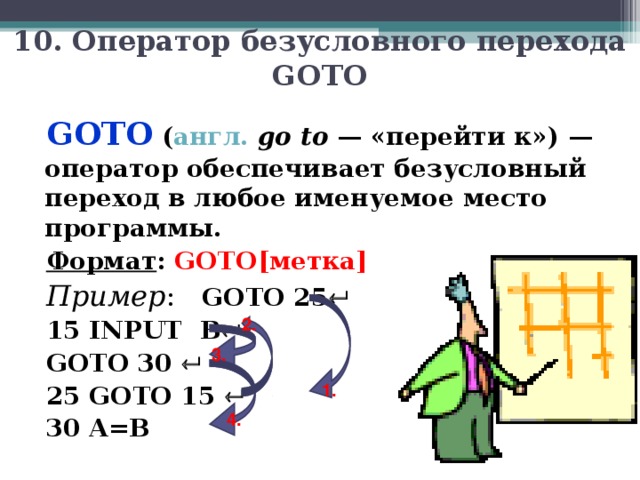 10 . Оператор безусловного перехода GOTO GOTO ( англ.   go to  — «перейти к») —оператор обеспечивает безусловный переход в любое именуемое место программы. Формат :  GOTO [ метка ] Пример :   GOTO 25   15 INPUT  B  GOTO 30   25 GOTO 15   30 A=B  2. 3. 1. 4. 