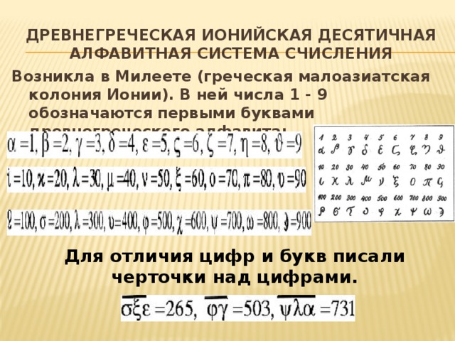 Цифры не отличаются на 2. Древнегреческая Ионийская система счисления. Греческие цифры Ионийская система счисления. Древнегреческая система счисления презентация. Древнегреческая Ионийская десятеричная алфавитная.