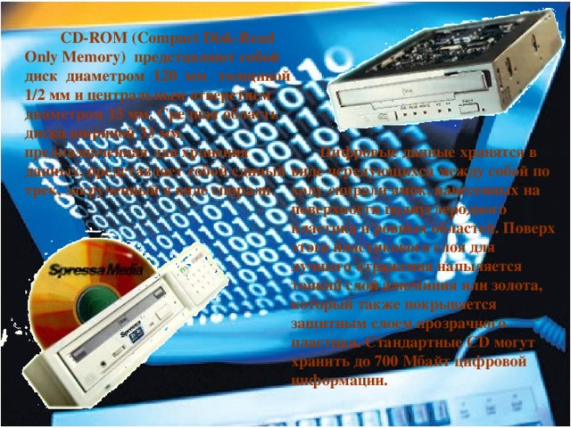  CD-ROM (Compact Disk-Read Only Memory) представляют собой диск диаметром 120 мм толщиной 1/2 мм и центральным отверстием диаметром 15 мм. Средняя область диска шириной 33 мм, предназначенная для хранения данных, представляет собой единый трек, закрученный в виде спирали.  Цифровые данные хранятся в виде чередующихся между собой по ходу спирали ямок, нанесенных на поверхности полиуглеродного пластика и ровных областей. Поверх этого пластикового слоя для лучшего отражения напыляется тонкий слой алюминия или золота, который также покрывается защитным слоем прозрачного пластика. Стандартные CD могут хранить до 700 Мбайт цифровой информации. 