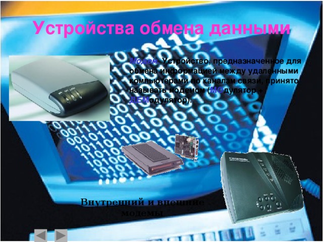 Устройства обмена данными Модем . Устройство, предназначенное для обмена информацией между удаленными компьютерами по каналам связи, принято называть модемом ( МО дулятор + ДЕМ одулятор). Внутренний и внешние модемы   