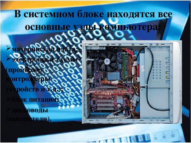 В системном блоке находятся все основные узлы компьютера:   материнская плата; электронные схемы материнская плата; электронные схемы (процессор, контроллеры устройств и т.д.); блок питания; дисководы (накопители). блок питания; дисководы (накопители). 