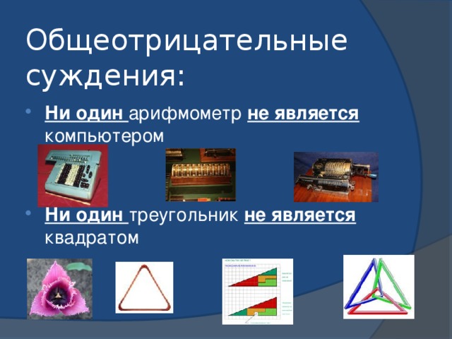 Общеотрицательные суждения: Ни один арифмометр не является компьютером Ни один треугольник не является квадратом 