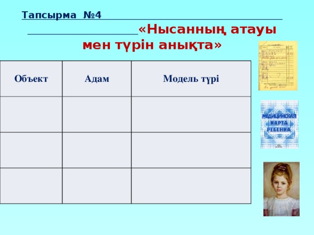 Тапсырма №4 «Нысанның атауы мен түрін анықта» Объект Адам Модель түрі 