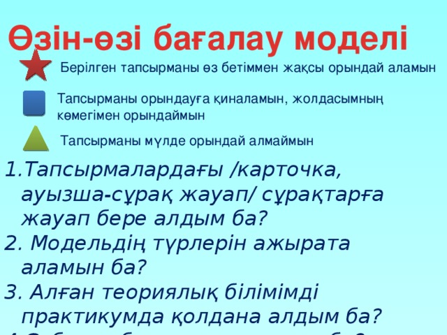 Өзін-өзі бағалау моделі Берілген тапсырманы өз бетіммен жақсы орындай аламын Тапсырманы орындауға қиналамын, жолдасымның көмегімен орындаймын Тапсырманы мүлде орындай алмаймын Тапсырмалардағы /карточка, ауызша-сұрақ жауап/ сұрақтарға жауап бере алдым ба?  Модельдің түрлерін ажырата аламын ба?  Алған теориялық білімімді практикумда қолдана алдым ба? Сабаққа белсене қатыстым ба? 