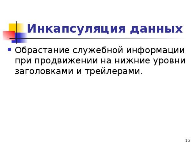 Инкапсуляция данных Обрастание служебной информации при продвижении на нижние уровни заголовками и трейлерами.  