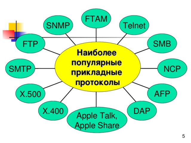 FTAM Telnet SNMP SMB FTP Наиболее популярные прикладные протоколы NCP SMTP AFP Х.500 DAP Х.400 Apple Talk, Apple Share 
