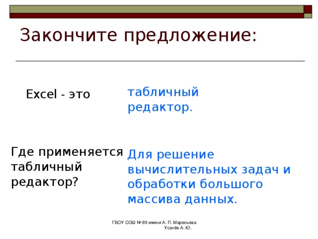 Цели урока: Обобщение основных понятий электронной таблицы Excel Определение относительного, абсолютного и смешанного адресов ячейки Использование различных видов адресации при расчетах с помощью математических формул  ГБОУ СОШ № 89 имени А. П. Маресьева Усачёв А. Ю. 