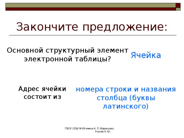 Закончите предложение: табличный редактор. Excel -  это Где применяется табличный редактор? Для решение вычислительных задач и обработки большого массива данных. ГБОУ СОШ № 89 имени А. П. Маресьева Усачёв А. Ю. 