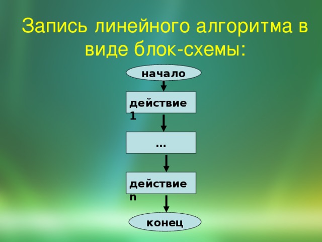 Запись линейного алгоритма в виде блок-схемы: начало действие 1 … действие n конец 