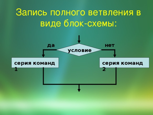 Запись полного ветвления в виде блок-схемы: нет да условие серия команд 2 серия команд 1 