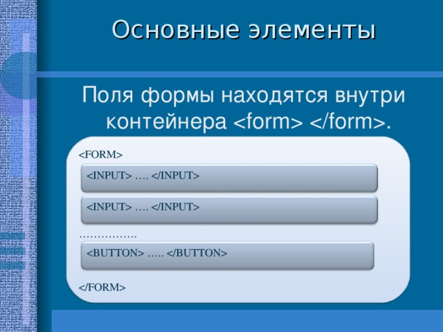 Основные элементы Поля формы находятся внутри контейнера   .  …………… .   ….   ….   …..  8 