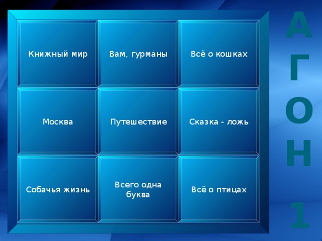 А Г О Н  1 Книжный мир Вам, гурманы Всё о кошках Москва Путешествие Сказка - ложь Агон 1 Собачья жизнь Всего одна буква Всё о птицах  
