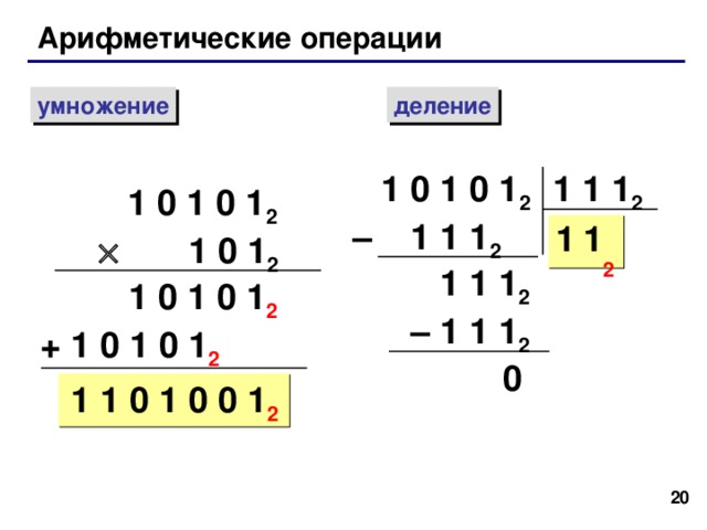 Арифметические операции умножение деление 1 1 1 2  1 0 1 0 1 2 – 1 1 1 2  1 0 1 0 1 2   1 0 1 2 1 1 2  1 1 1 2 – 1 1 1 2  1 0 1 0 1 2 + 1 0 1 0 1 2 0 1 1 0 1 0 0 1 2  20 
