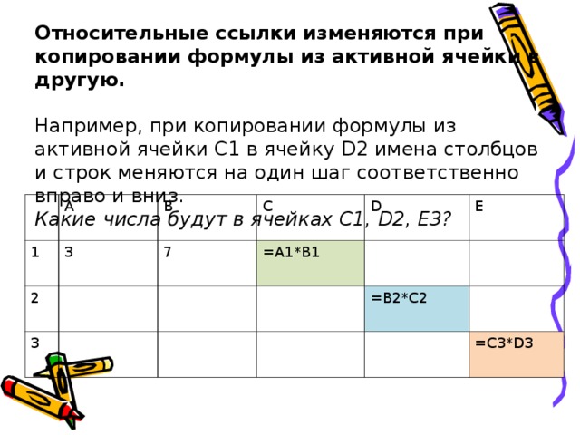 Имена строк столбцов. При копировании формулы в другую ячейку. Относительная ссылка изменяется при копировании. Строк и Столбцов при копировании формулы. Что изменяется у относительной ссылки.