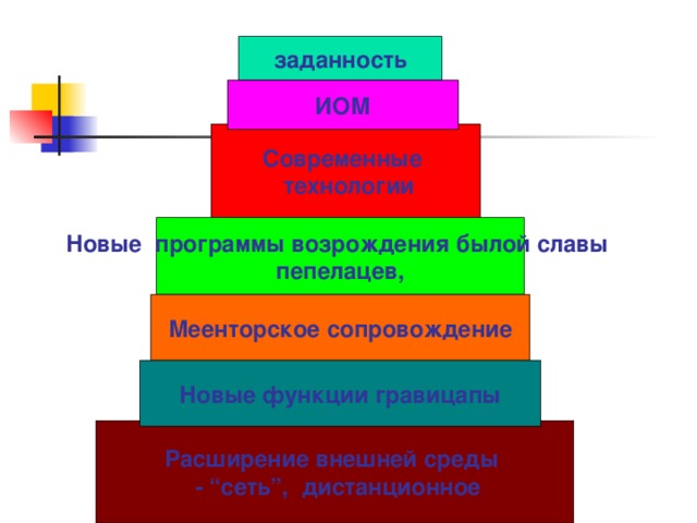 заданность ИОМ Современные  технологии Новые программы возрождения былой славы  пепелацев, Меенторское сопровождение Замечания : почему элементы организованы в виде пирамиды? пирамида неровная, рамки перекрывают одна другую; текст вылезает за рамку; зачем используется цвет? почему именно эти цвета? палитра типа «попугай»; часть текста плохо читается, особенно через проектор. Новые функции гравицапы Расширение внешней среды  - “ сеть ” , дистанционное  