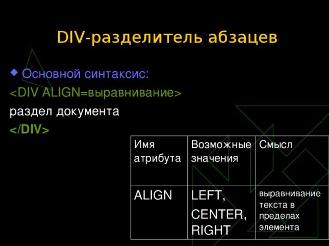 DIV-разделитель абзацев  Основной синтаксис:   раздел документа   Имя атрибута ALIGN Возможные значения Смысл LEFT, CENTER,RIGHT выравнивание текста в пределах элемента 