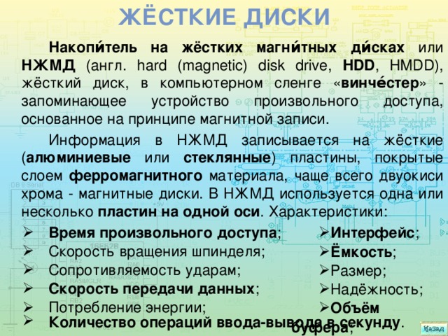 Жёсткие диски Накопи́тель на жёстких магни́тных ди́сках или НЖМД (англ. hard (magnetic) disk drive, HDD , HMDD), жёсткий диск, в компьютерном сленге « винче́стер » - запоминающее устройство произвольного доступа, основанное на принципе магнитной записи. Информация в НЖМД записывается на жёсткие ( алюминиевые или стеклянные ) пластины, покрытые слоем ферромагнитного материала, чаще всего двуокиси хрома - магнитные диски. В НЖМД используется одна или несколько пластин на одной оси . Характеристики: Время произвольного доступа ; Скорость вращения шпинделя; Сопротивляемость ударам; Скорость передачи данных ; Потребление энергии; Интерфейс ; Ёмкость ; Размер; Надёжность; Объём буфера ; Количество операций ввода-вывода в секунду . 