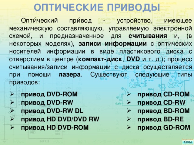 Оптические приводы Опти́ческий при́вод - устройство, имеющее механическую составляющую, управляемую электронной схемой, и предназначенное для считывания и, (в некоторых моделях), записи информации с оптических носителей информации в виде пластикового диска с отверстием в центре ( компакт-диск , DVD и т. д.); процесс считывания/записи информации с диска осуществляется при помощи лазера . Существуют следующие типы приводов: привод DVD-ROM привод DVD-RW привод DVD-RW DL привод HD DVD/DVD RW привод HD DVD-ROM привод CD-ROM привод CD-RW привод BD-ROM привод BD-RE привод GD-ROM 