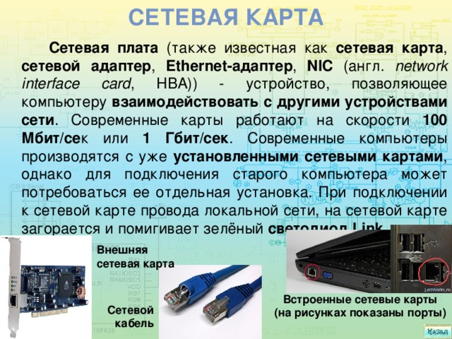 Сетевая карта Сетевая плата (также известная как сетевая карта , сетевой адаптер , Ethernet-адаптер , NIC (англ. network interface card , HBA)) - устройство, позволяющее компьютеру взаимодействовать с другими устройствами сети . Современные карты работают на скорости 100 Мбит/се к или 1 Гбит/cек . Современные компьютеры производятся с уже установленными сетевыми картами , однако для подключения старого компьютера может потребоваться ее отдельная установка. При подключении к сетевой карте провода локальной сети, на сетевой карте загорается и помигивает зелёный светодиод Link. Внешняя сетевая карта Встроенные сетевые карты (на рисунках показаны порты) Сетевой кабель 