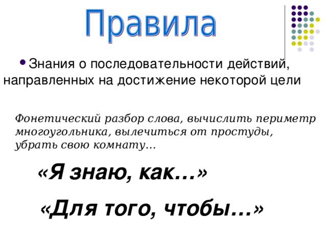 Фонетический разбор слова, вычислить периметр многоугольника, вылечиться от простуды, убрать свою комнату… «Я знаю, как…» «Для того, чтобы…» 