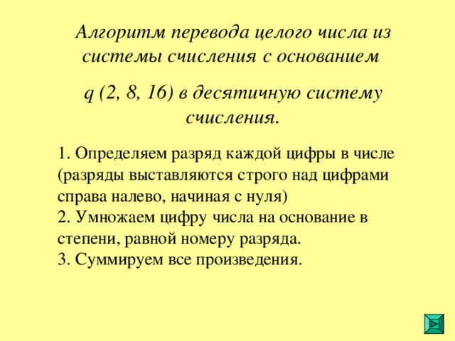 Алгоритм перевода целого числа из системы счисления с основанием q (2, 8, 16) в десятичную систему счисления. 1. Определяем разряд каждой цифры в числе (разряды выставляются строго над цифрами справа налево, начиная с нуля) 2. Умножаем цифру числа на основание в степени, равной номеру разряда. 3. Суммируем все произведения. 
