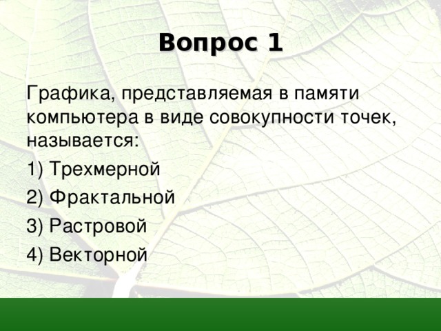 Графика представляемая в памяти компьютера в виде совокупности точек называется